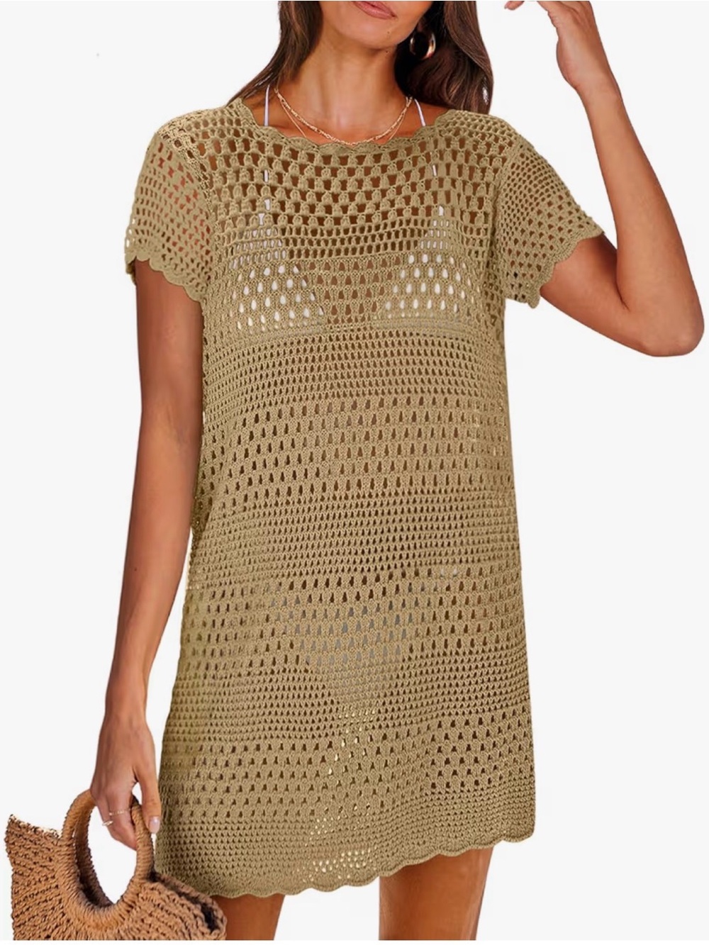 Crochet Beach Cover-Up Dress in Khaki, knit